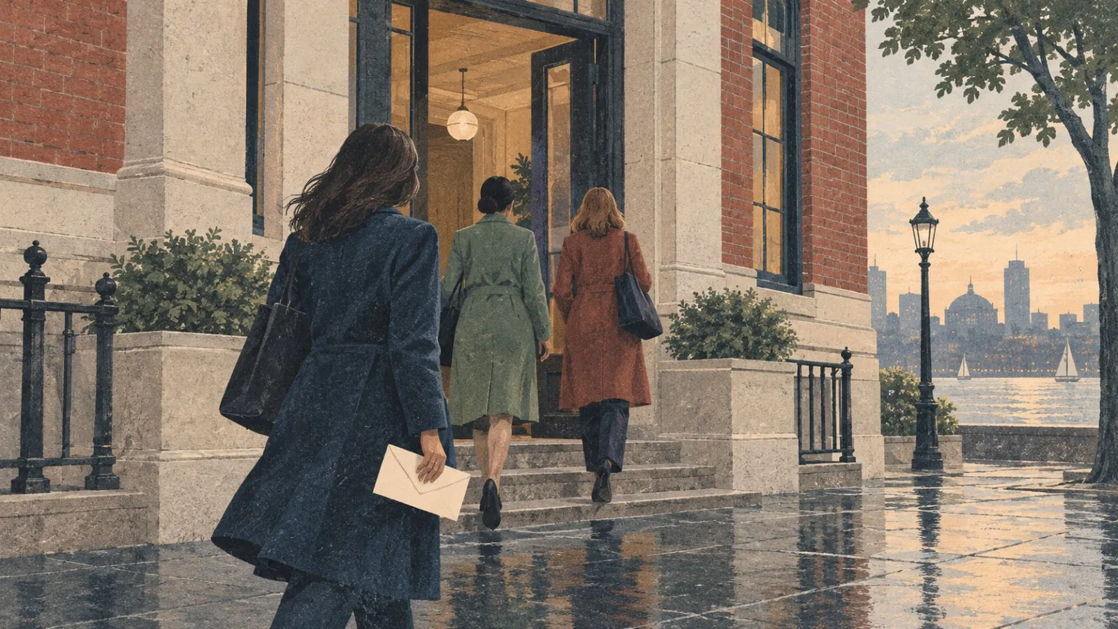 Women approach a financial advisory building in Boston on a bright afternoon. (AI-generated image / EconoTimes)