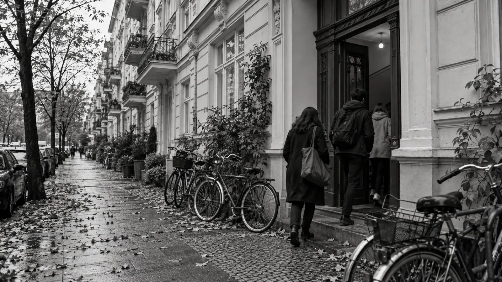Residents enter an apartment building on a Berlin street under overcast skies. (AI-generated image / EconoTimes)