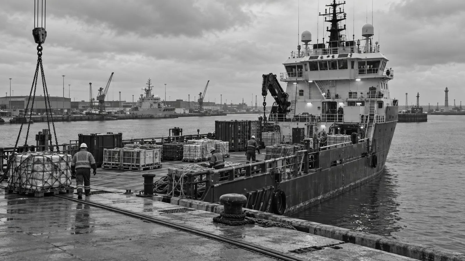 A platform supply vessel sits beside an offshore supply quay in Den Helder, Netherlands. (AI-generated image / EconoTimes)