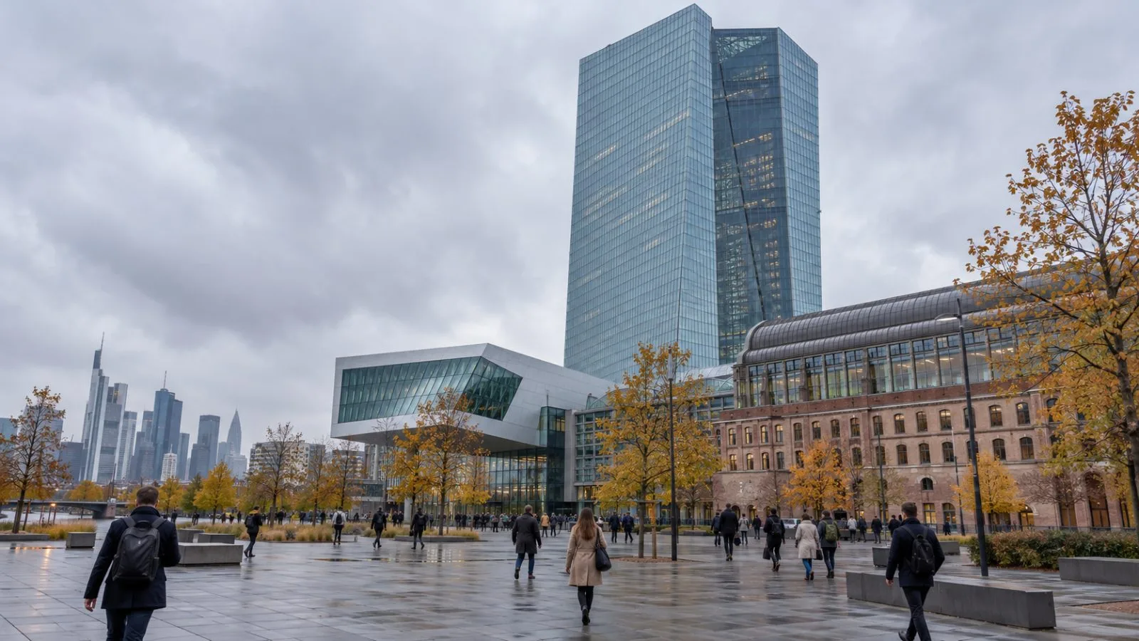 Commuters cross the plaza outside the European Central Bank headquarters in Frankfurt, Germany, on an overcast morning. (AI-generated image / EconoTimes)
