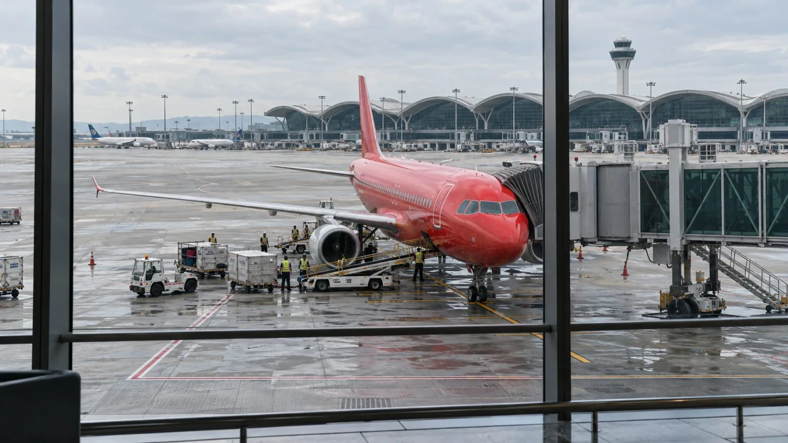 A red passenger aircraft stands beside a boarding bridge at Kuala Lumpur International Airport. (AI-generated image / EconoTimes)