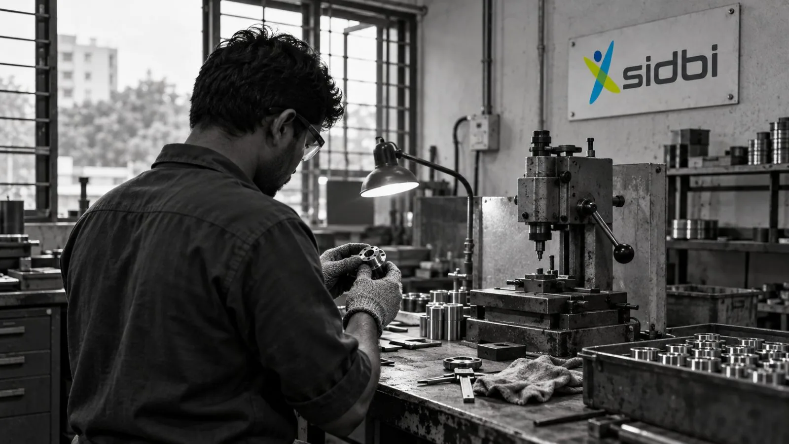 A worker checks a finished component inside a small manufacturing workshop in Pune, India. / EconoTimes.ai