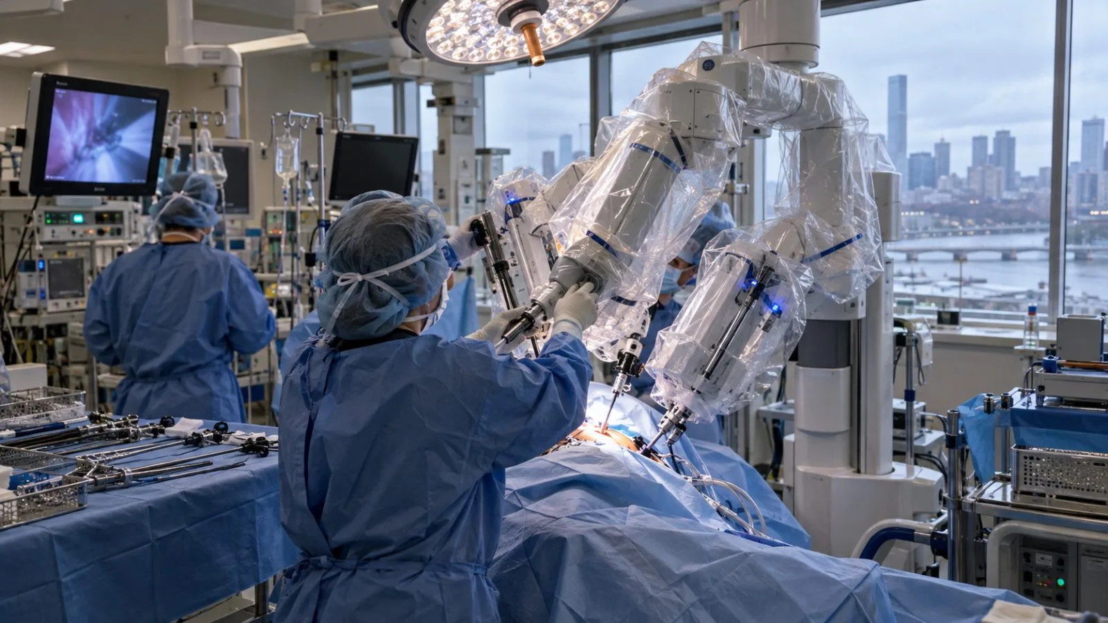 Gloved staff prepare a surgical robotic arm in a Boston hospital operating room. (AI-generated image / EconoTimes)