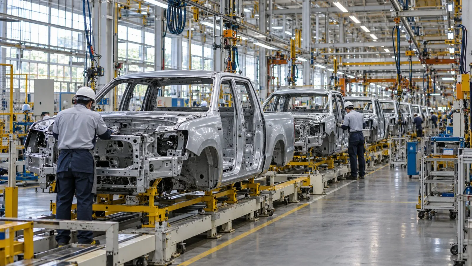 Pickup truck bodies move along an assembly line in Ban Pho, Thailand. (AI-generated image / EconoTimes)
