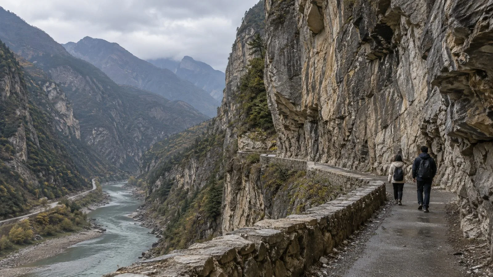 Visitors walk beneath the steep cliffs at Lazikou Pass in Gansu, China. (AI-generated image / EconoTimes)