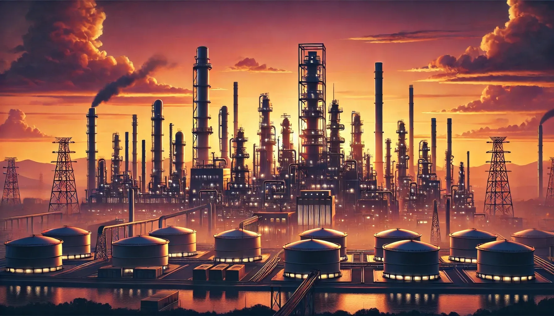 An oil refinery silhouetted against a sunset, symbolizing the shifts in global oil markets. Credit: Image generated by OpenAI DALL-E.