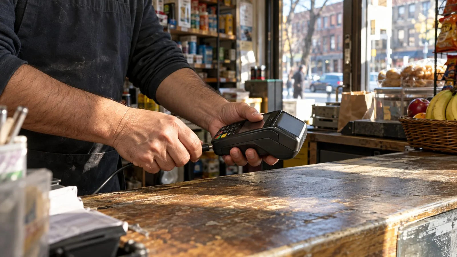 A shopkeeper connects a payment terminal at a neighborhood store in New York City. (AI-generated image / EconoTimes)