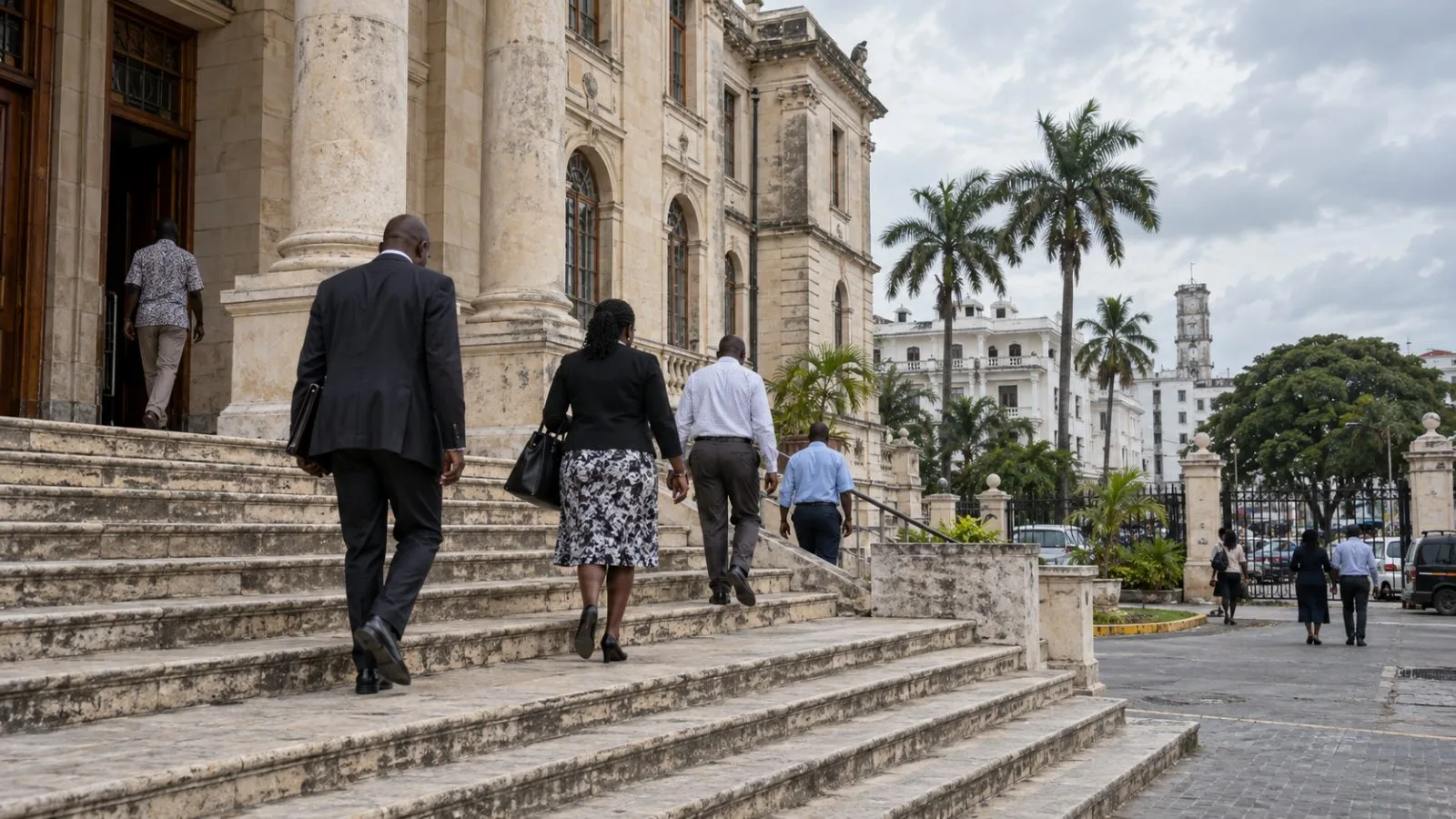 People descend the steps outside Mombasa Law Courts in Mombasa, Kenya. (AI-generated image / EconoTimes)