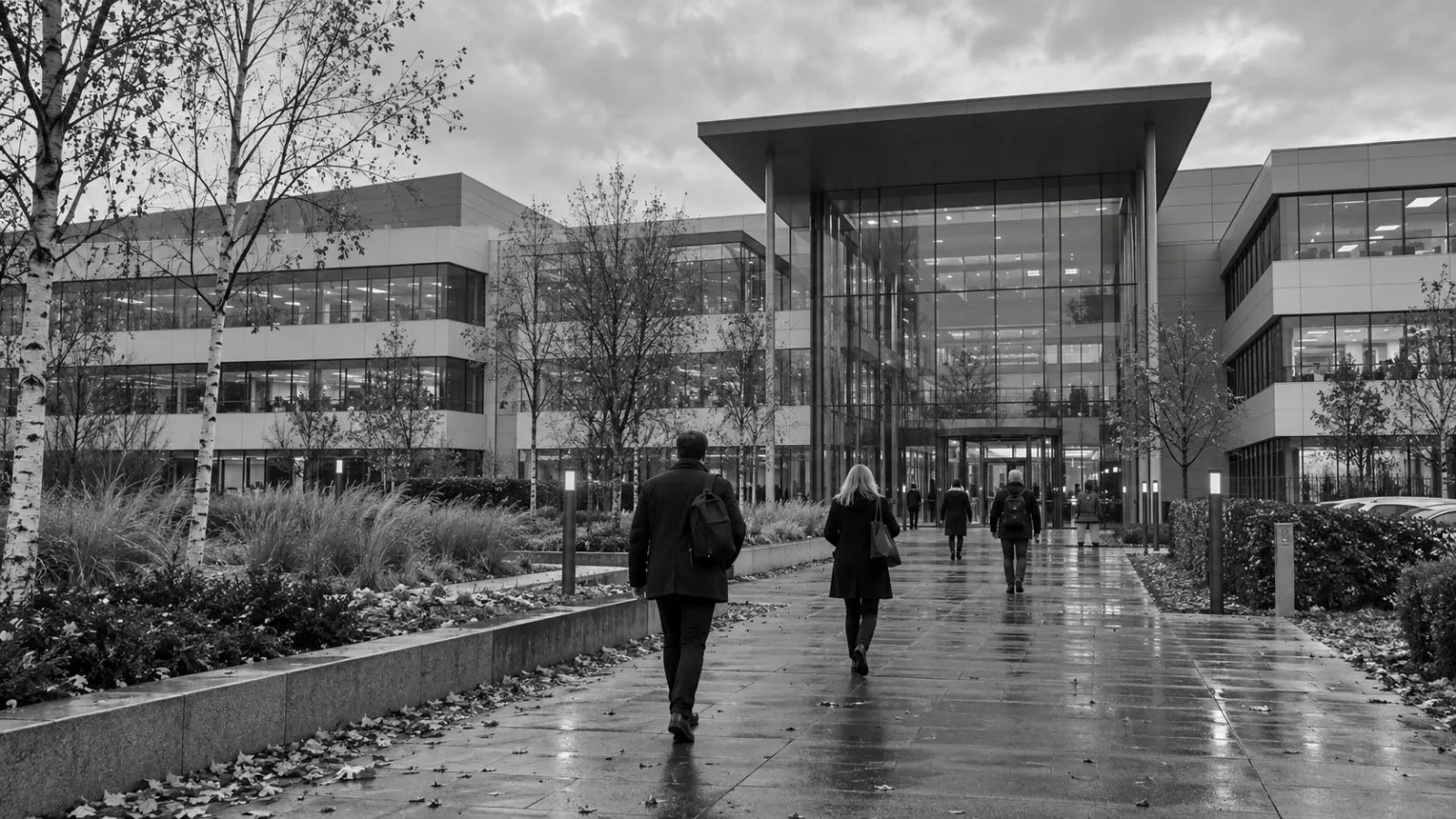 Employees approach QIAGEN’s headquarters in Venlo, Netherlands, on an overcast autumn morning. (AI-generated image / EconoTimes)