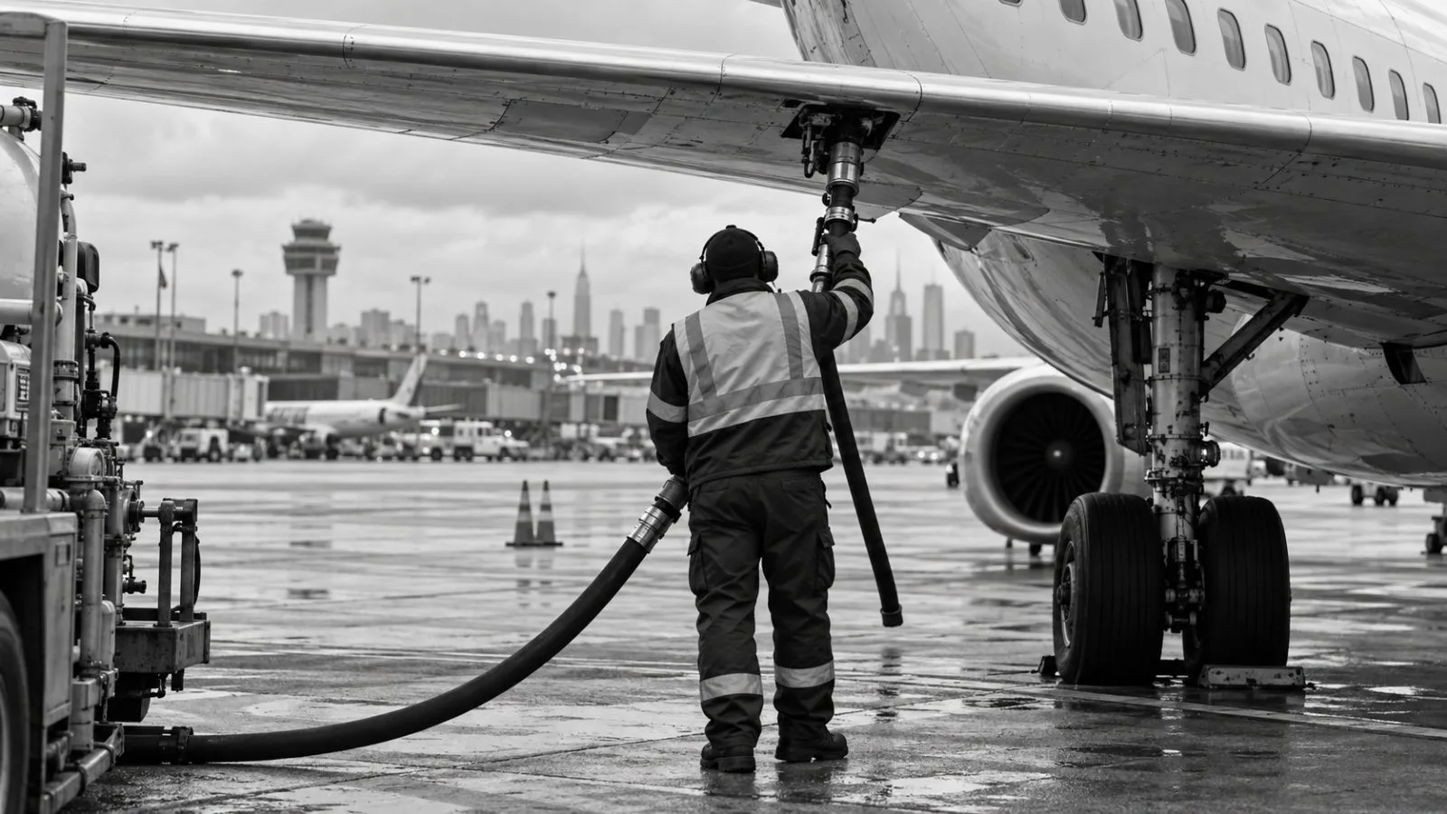 A ground crew member refuels a passenger jet at LaGuardia Airport in New York. (AI-generated image / EconoTimes)