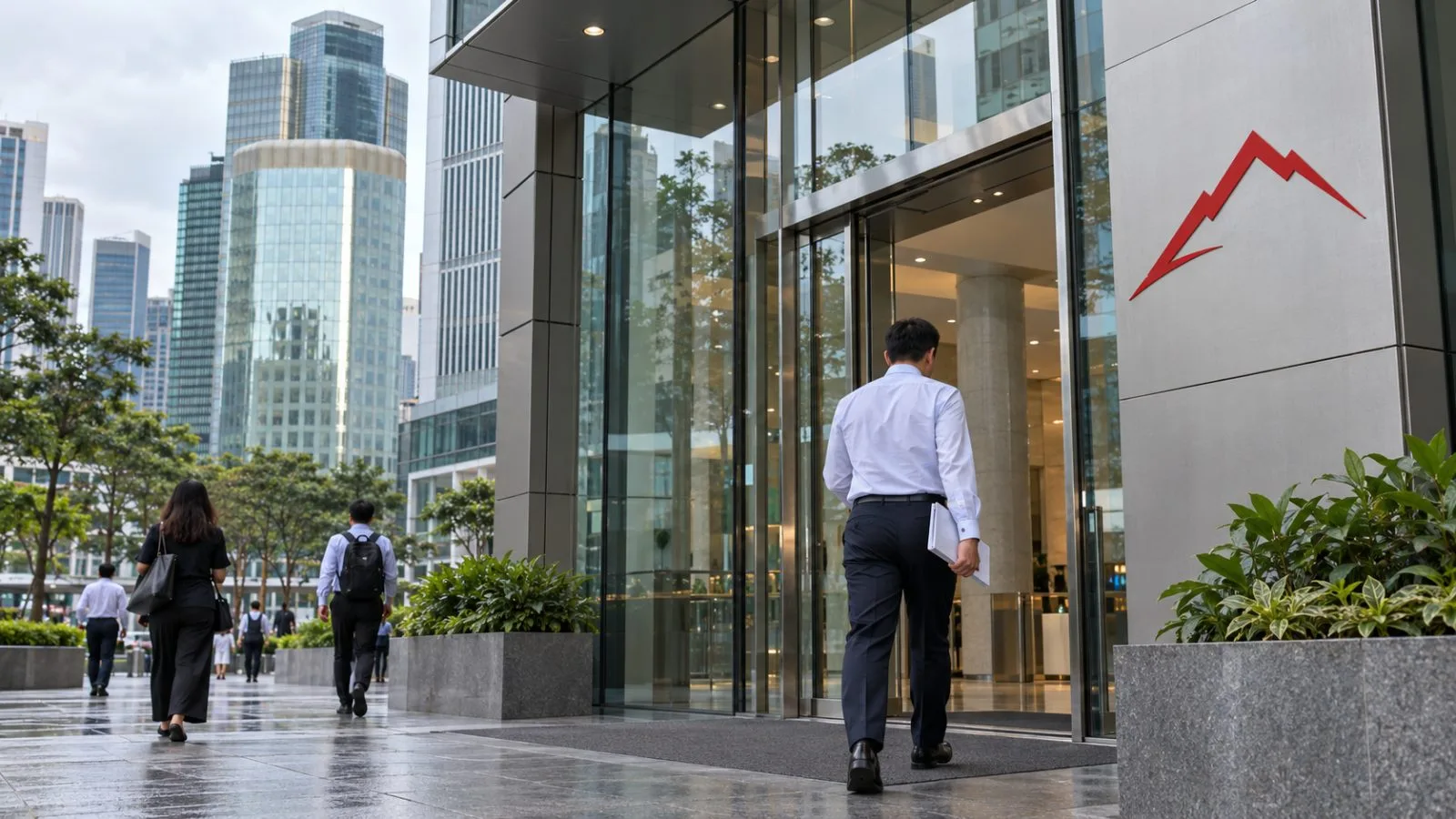 A visitor carries an insurance brochure into an office building in Singapore. / EconoTimes.ai