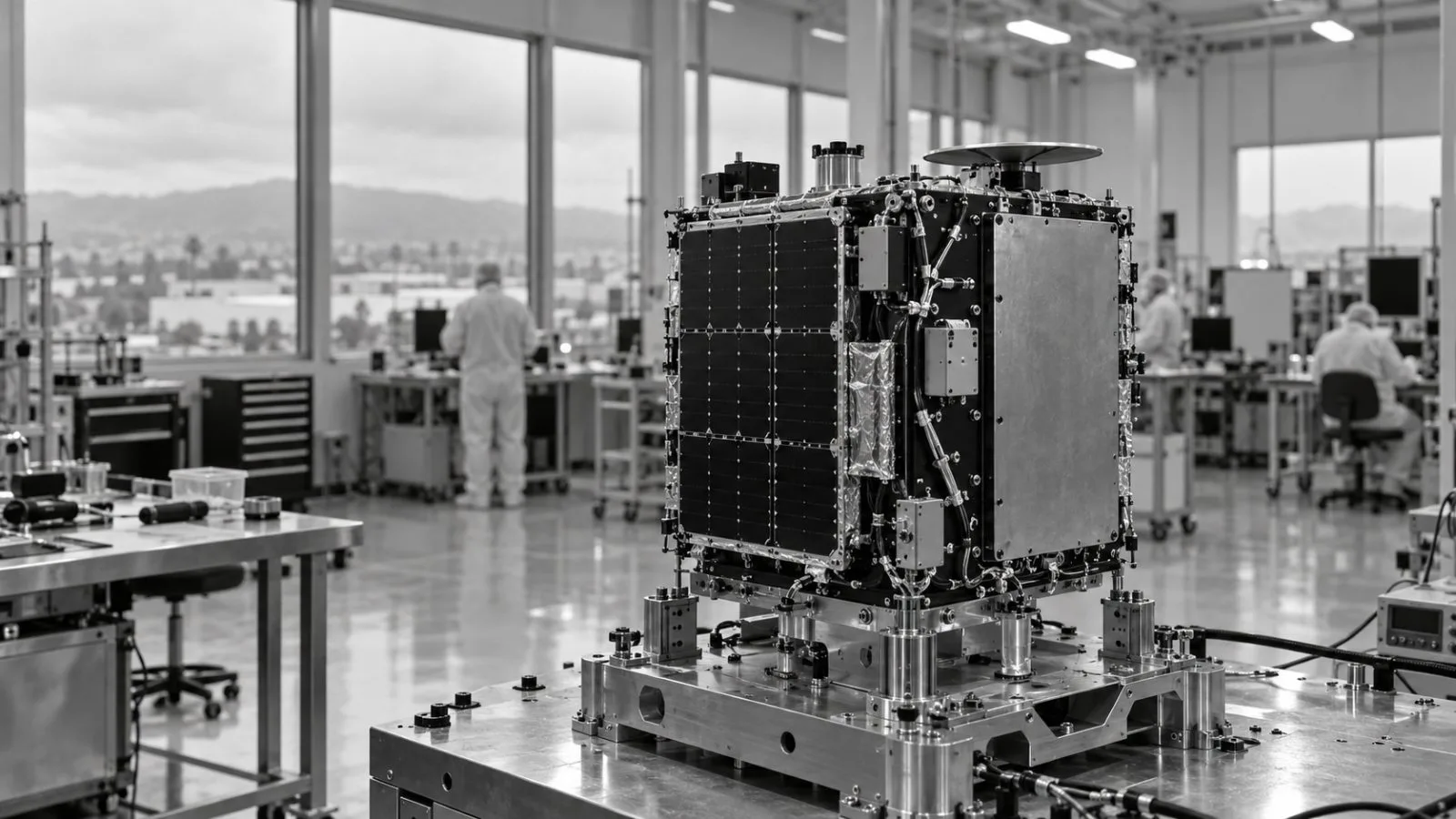 A communications satellite rests on a test fixture inside a clean room in Hawthorne, California. / EconoTimes.ai