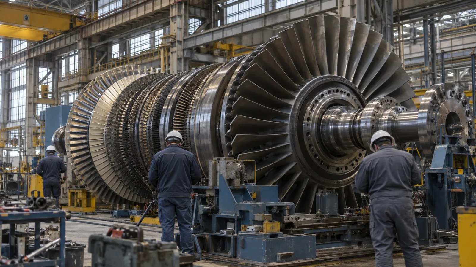 A gas turbine rotor sits in an assembly bay at Ansaldo Energia in Genoa, Italy. (AI-generated image / EconoTimes)