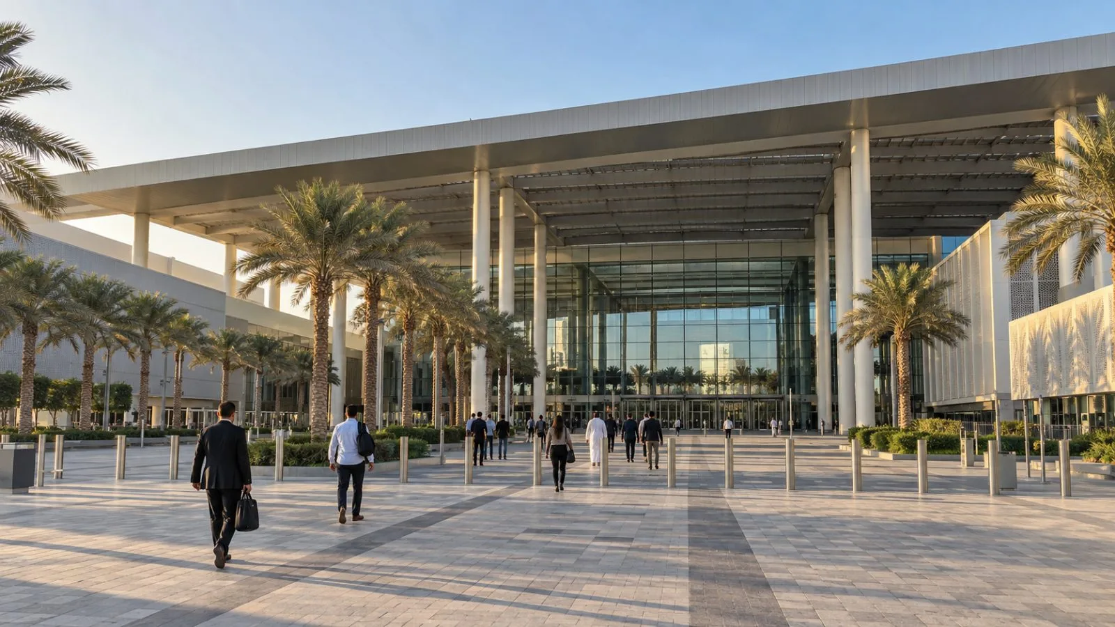 The Dubai Exhibition Centre entrance stands in afternoon light in Dubai, United Arab Emirates. (AI-generated image / EconoTimes)