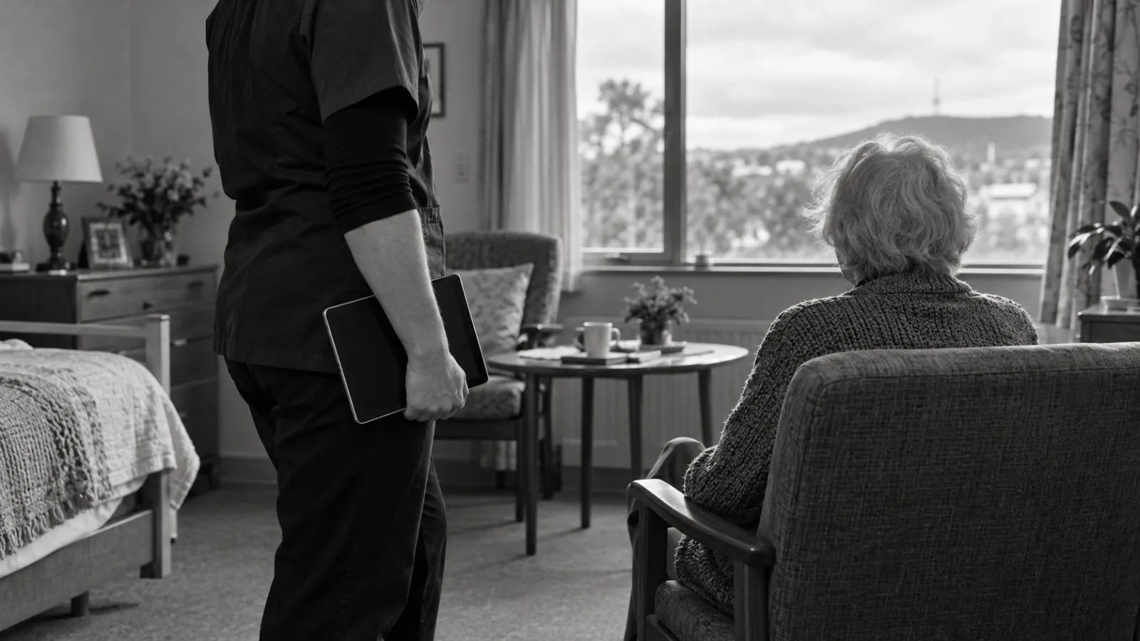 An assessor holds a tablet during an aged-care review in Canberra, Australia (AI-generated image / EconoTimes)