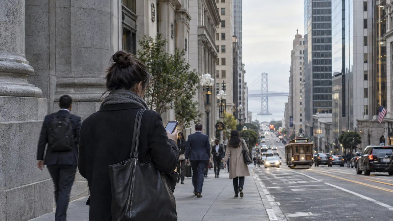 A pedestrian checks a phone along Montgomery Street in San Francisco’s Financial District. (AI-generated image / EconoTimes)