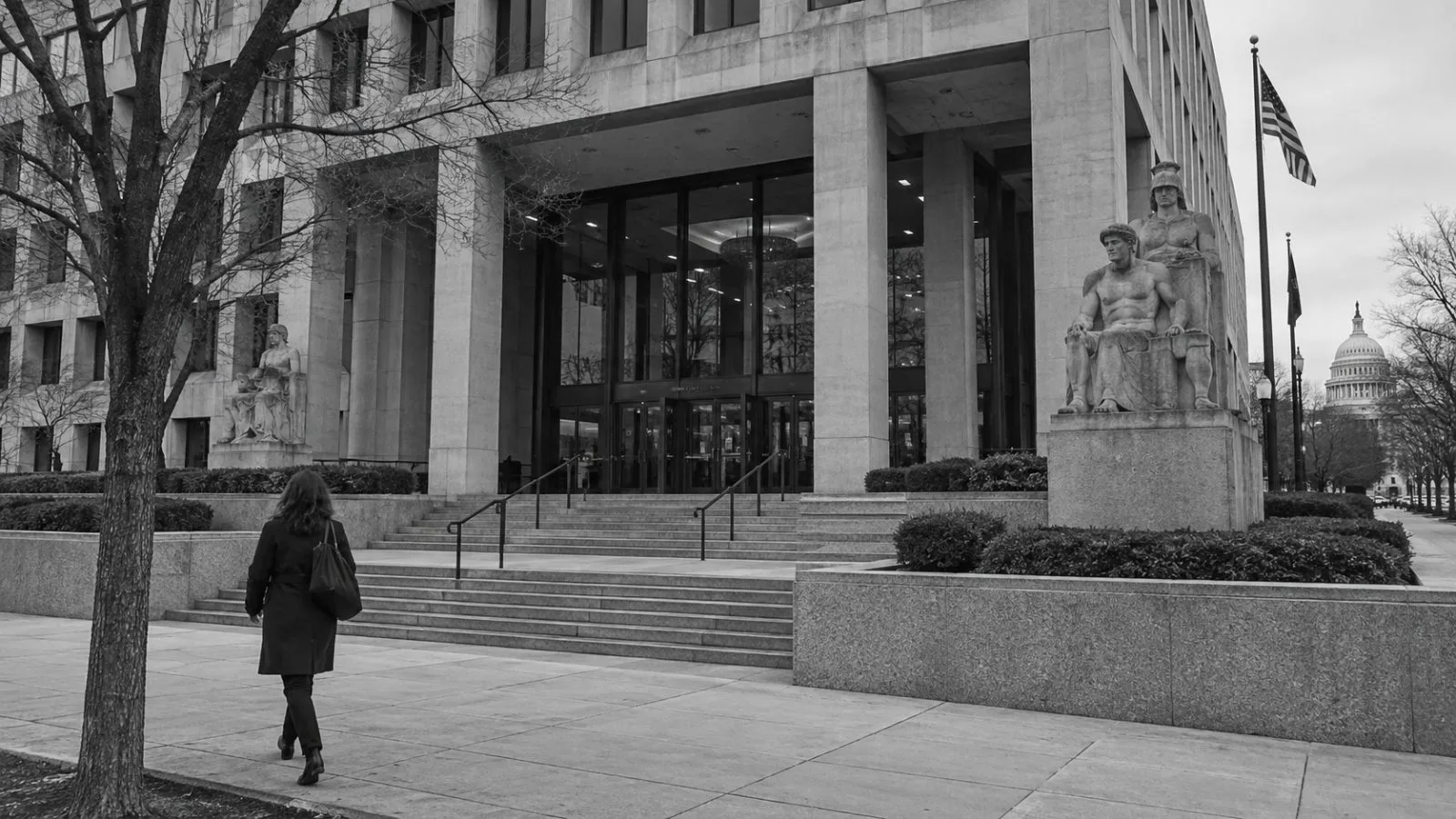 Pedestrians pass the U.S. Department of Labor headquarters in Washington, D.C. (AI-generated image / EconoTimes)