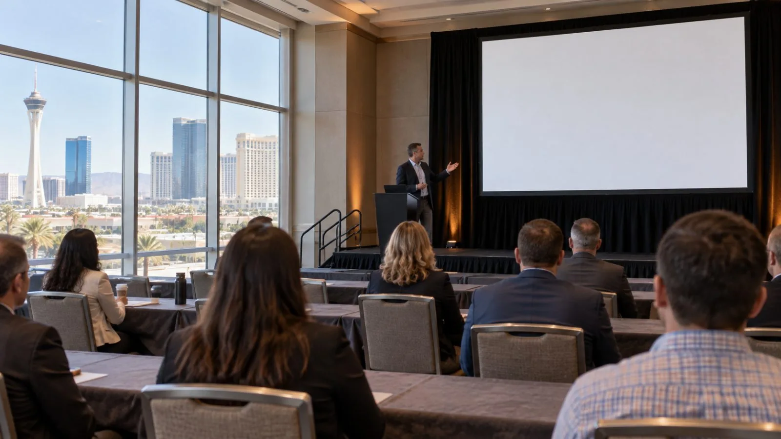 Attendees listen during a corporate analyst event in a conference hall in Las Vegas / EconoTimes.ai