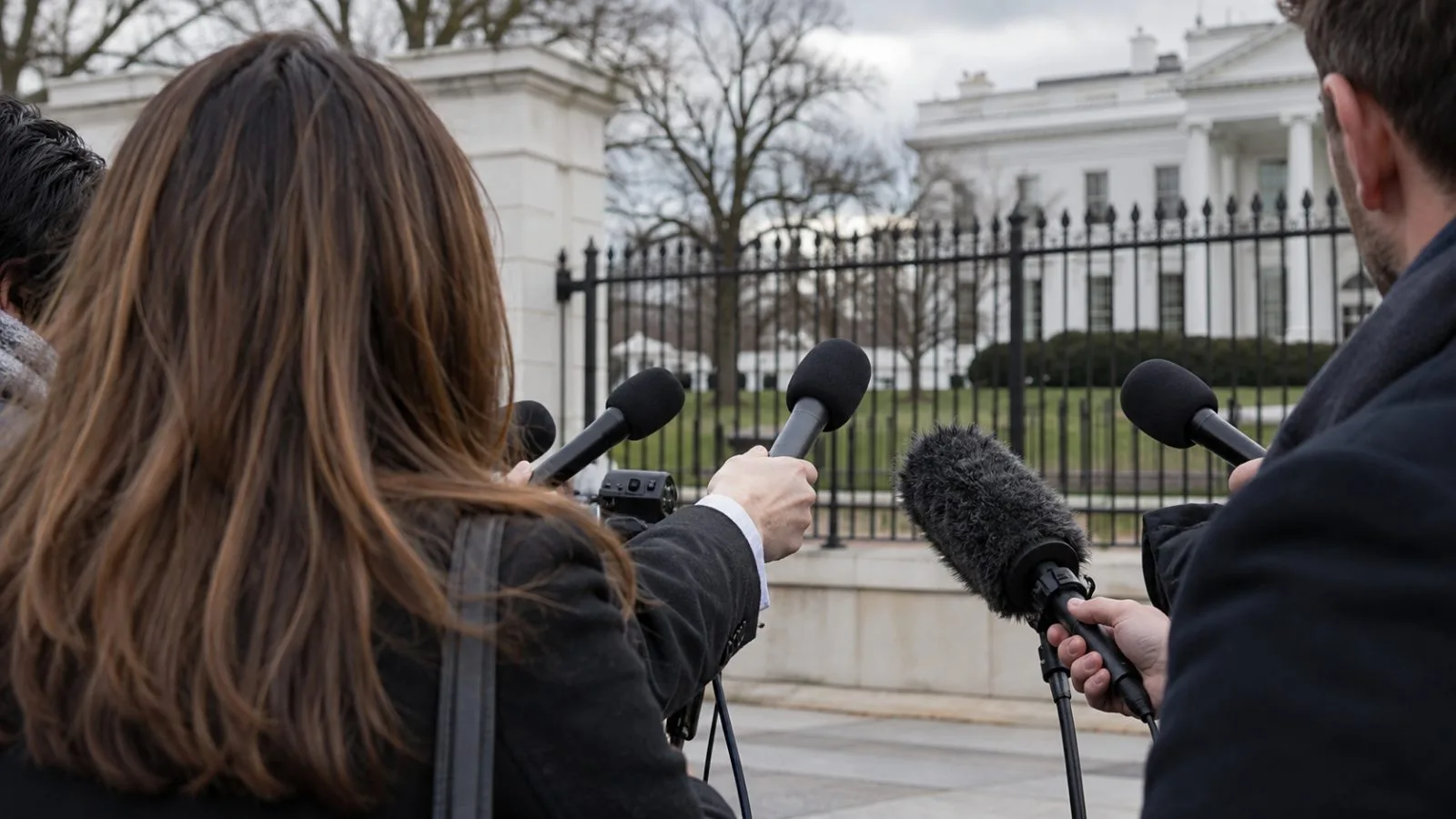 Reporters aim microphones toward an unseen speaker at a White House press area in Washington. (AI-generated image / EconoTimes)