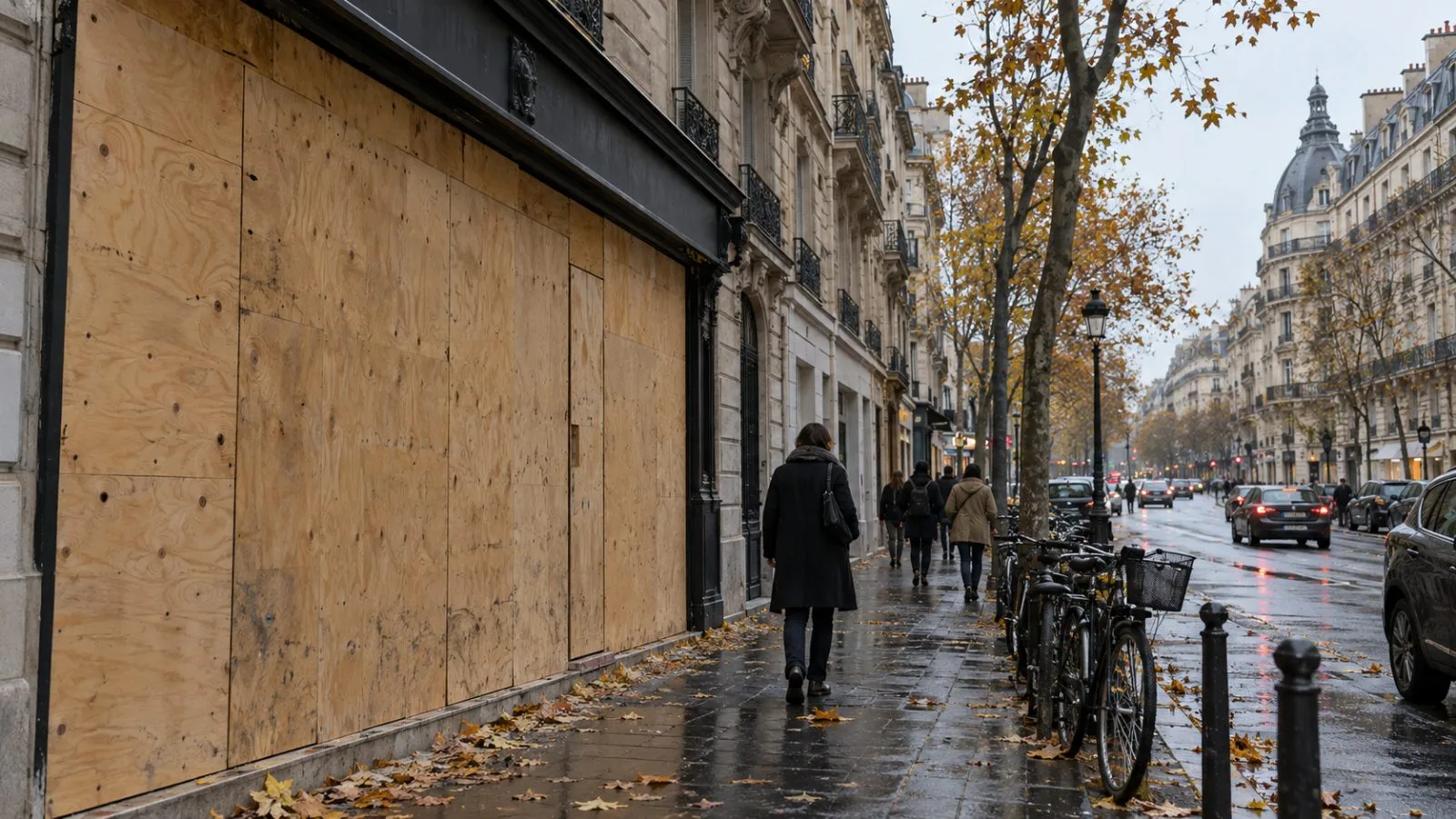 Plywood covers a shopfront on a Paris street ahead of Halloween protests in France. (AI-generated image / EconoTimes)