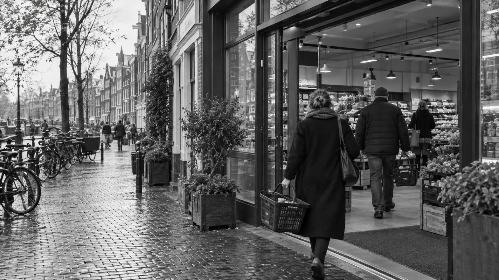 Shoppers enter a neighborhood supermarket on a commercial street in Amsterdam, Netherlands. (AI-generated image / EconoTimes)