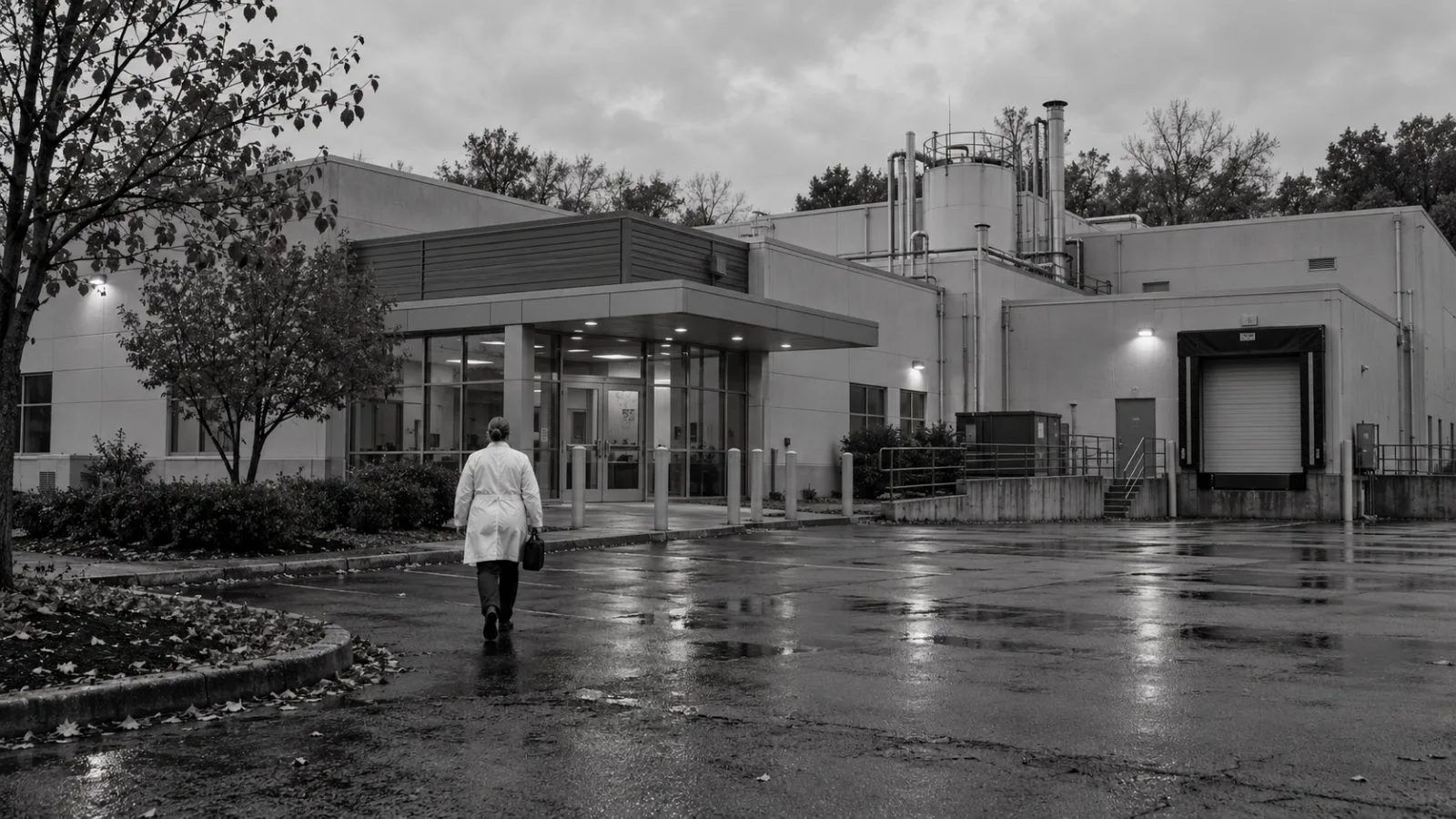 A worker approaches a radiopharmacy facility in Trevose, Pennsylvania, on an overcast afternoon. (AI-generated image / EconoTimes)