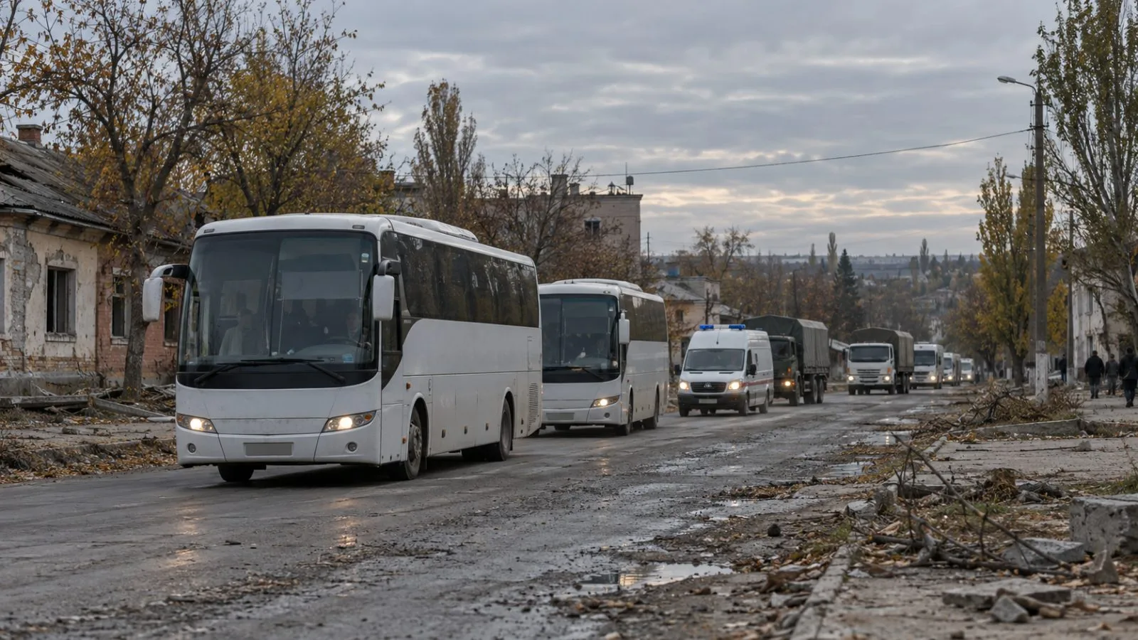 A convoy of buses, an ambulance and aid trucks moves through Oleshky, Ukraine. (AI-generated image / EconoTimes)