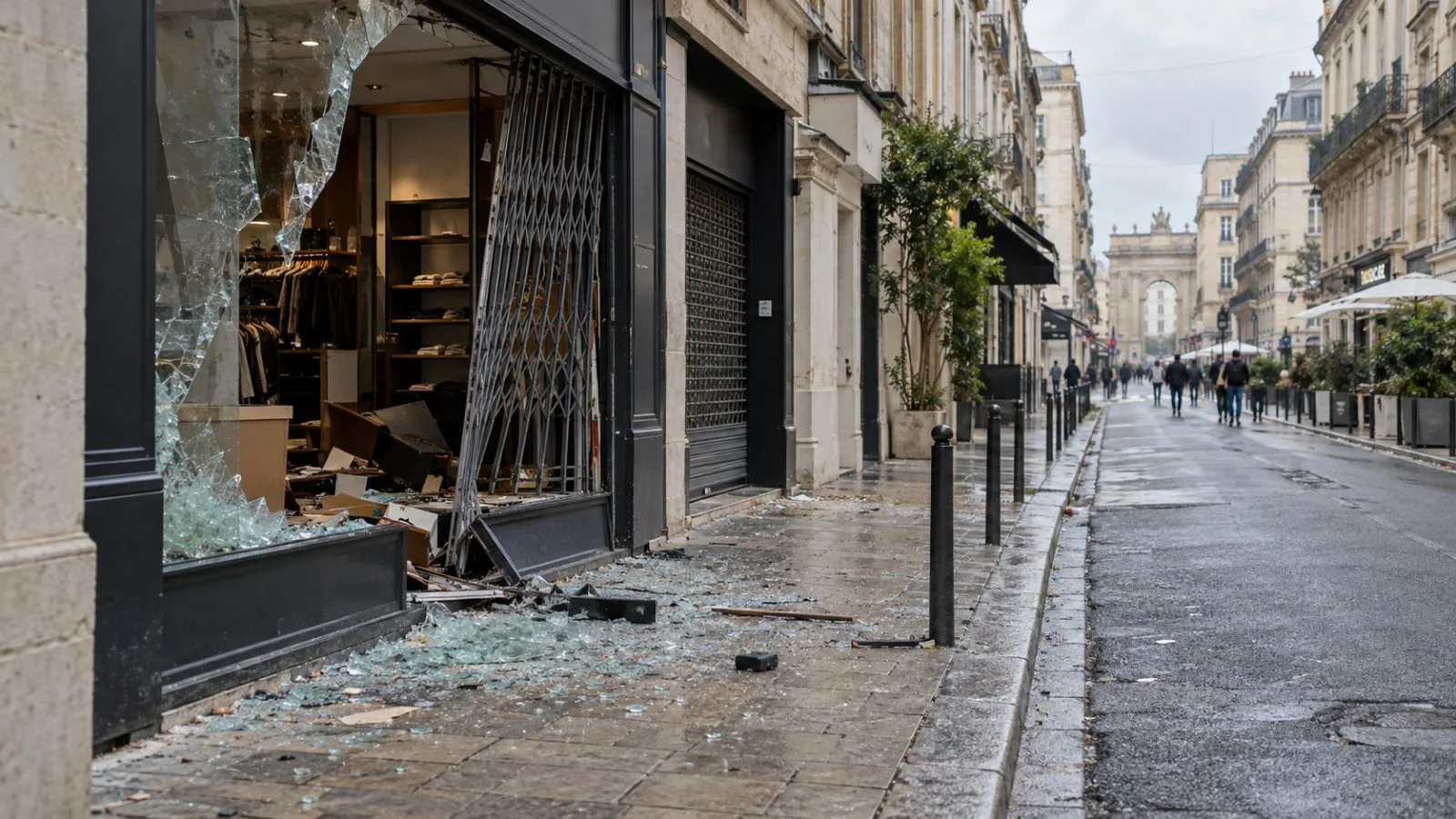 A damaged storefront stands on a shopping street in Montpellier, France. (AI-generated image / EconoTimes)