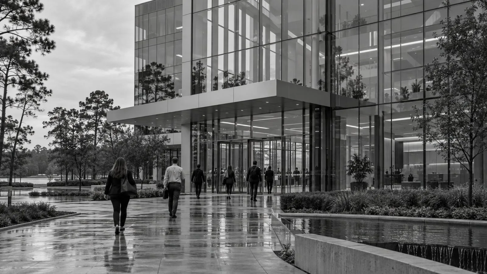 Employees enter SI Group’s headquarters at Hughes Landing in The Woodlands, Texas, on a cloudy morning. (AI-generated image / EconoTimes)