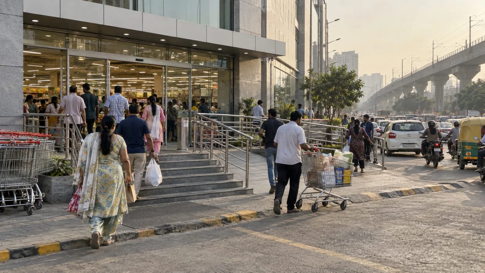 Shoppers enter and leave a retail store in Gurugram, India, on a hazy afternoon. (AI-generated image / EconoTimes)