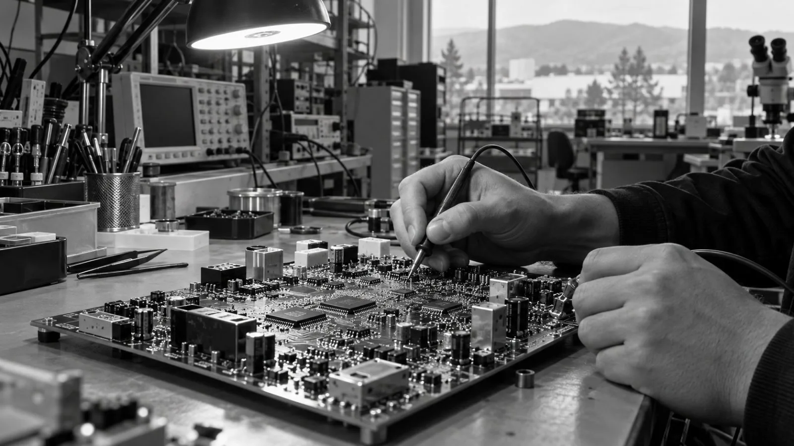 A technician examines a circuit board at an electronics design lab in Milpitas, California. (AI-generated image / EconoTimes)