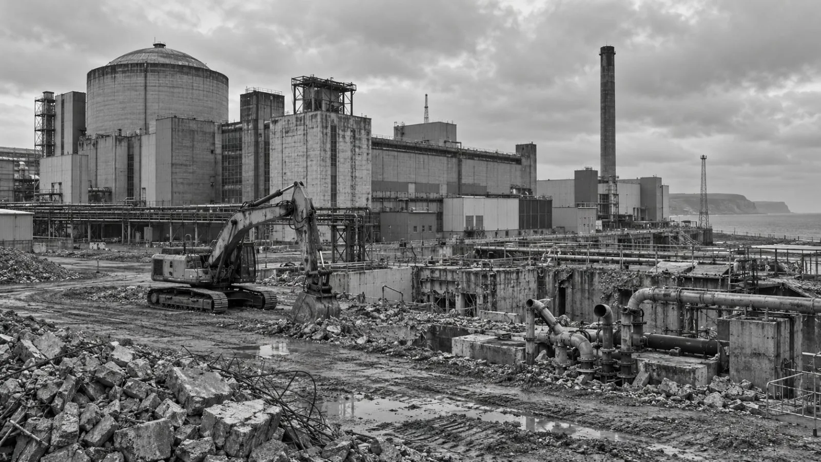 An excavator stands beside industrial buildings in the Calder Hall area at Sellafield, Cumbria. (AI-generated image / EconoTimes)