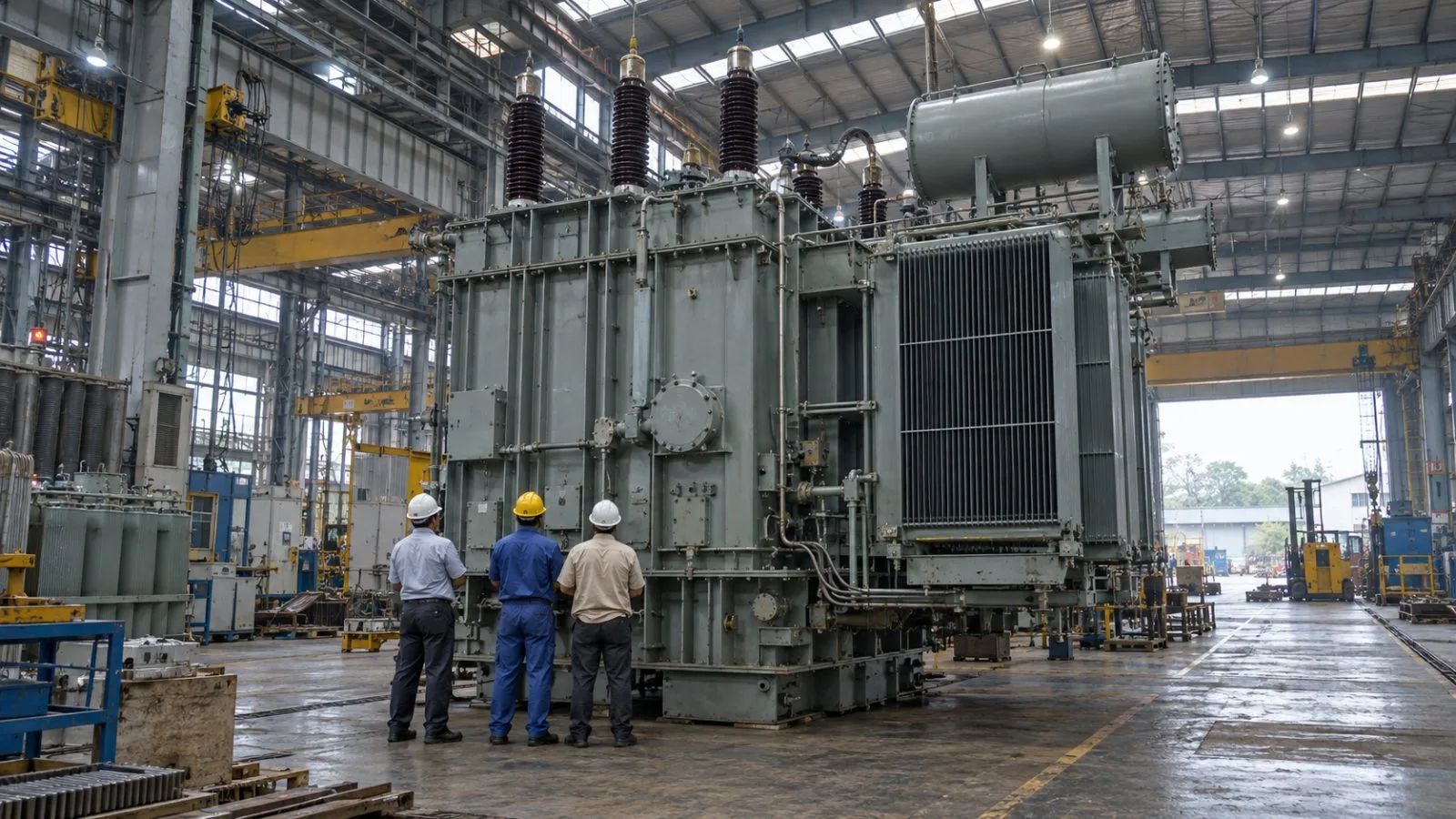 Workers inspect a power transformer at a manufacturing facility in Sehore, Madhya Pradesh. (AI-generated image / EconoTimes)