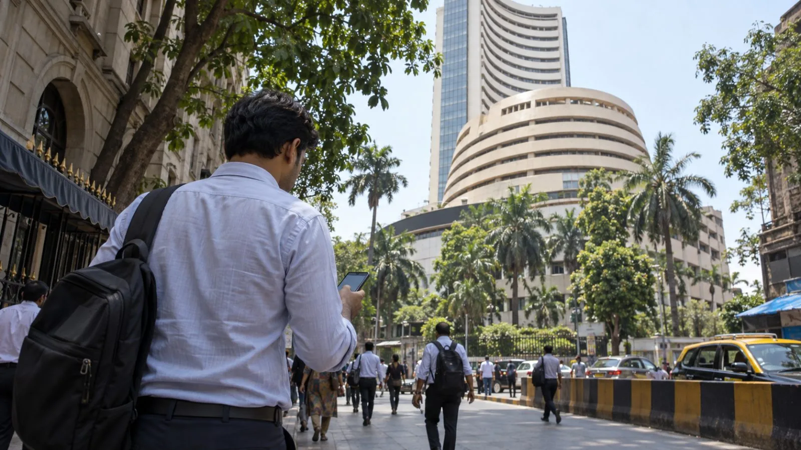 An investor checks a phone on Dalal Street near the Bombay Stock Exchange in Mumbai (AI-generated image / EconoTimes)