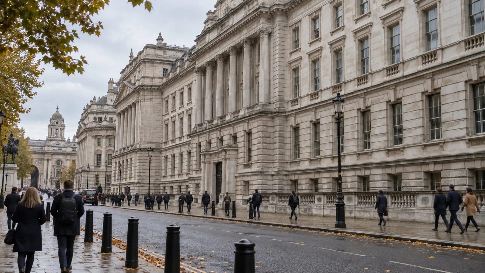 Pedestrians pass HM Treasury on Horse Guards Road in London. (AI-generated image / EconoTimes)
