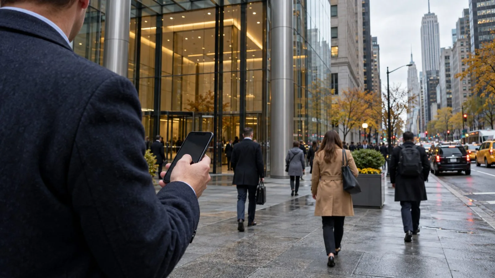 A person holds a phone outside an office building in New York City. (AI-generated image / EconoTimes)