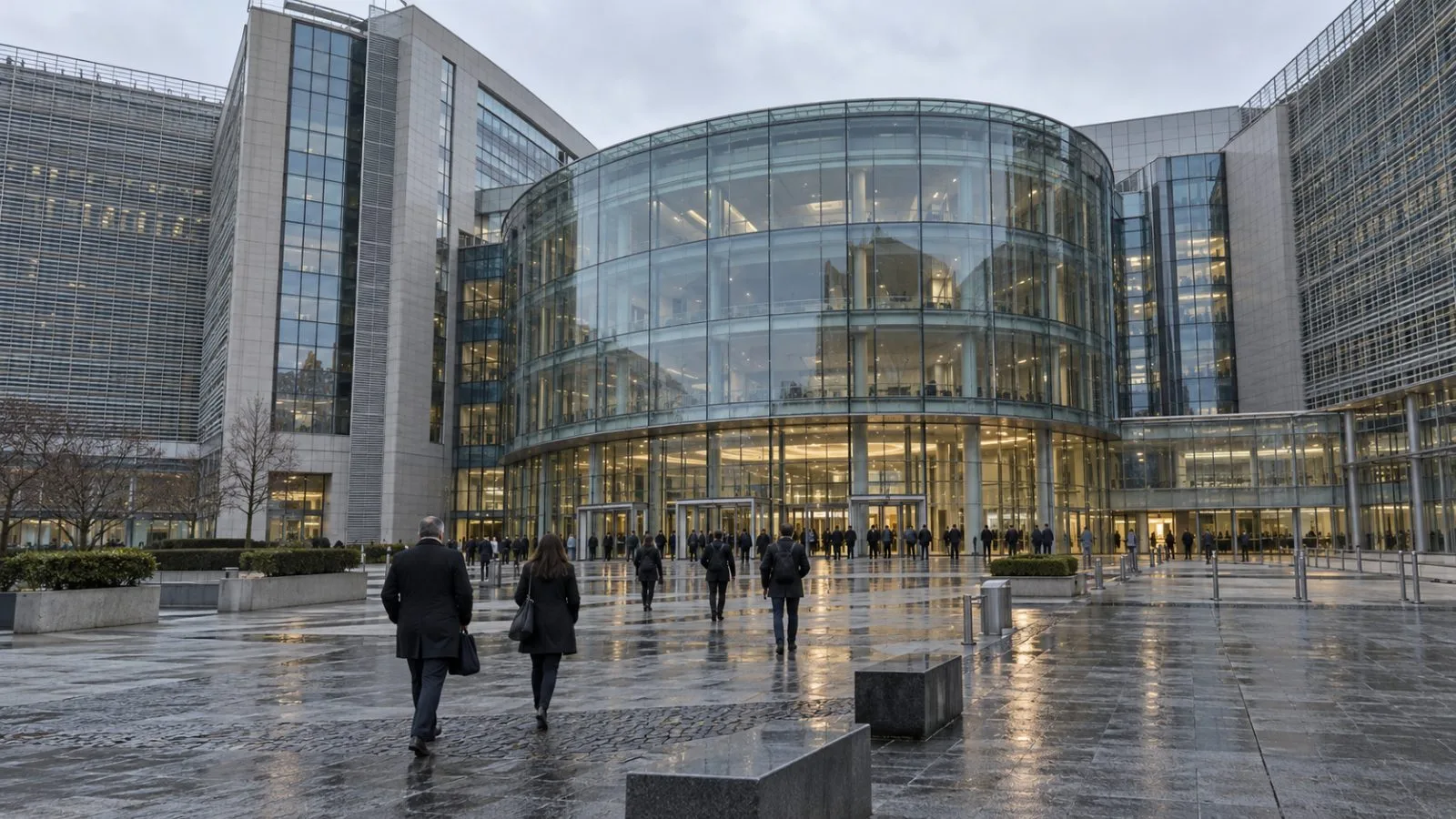 Officials enter the Europa building in Brussels on an overcast morning. (AI-generated image / EconoTimes)