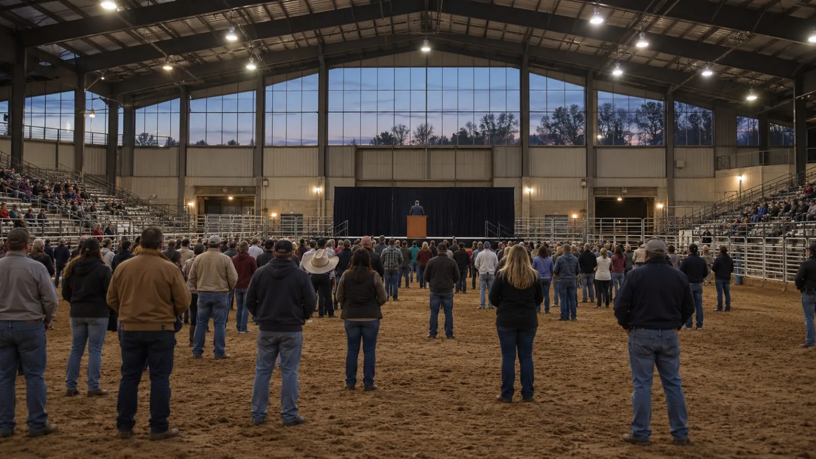 Supporters face a campaign stage inside T. Ed Garrison Arena in Pendleton, South Carolina (AI-generated image / EconoTimes)