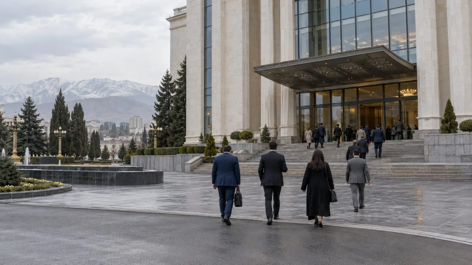 Delegates enter a conference venue in Dushanbe, Tajikistan, under overcast skies. (AI-generated image / EconoTimes)