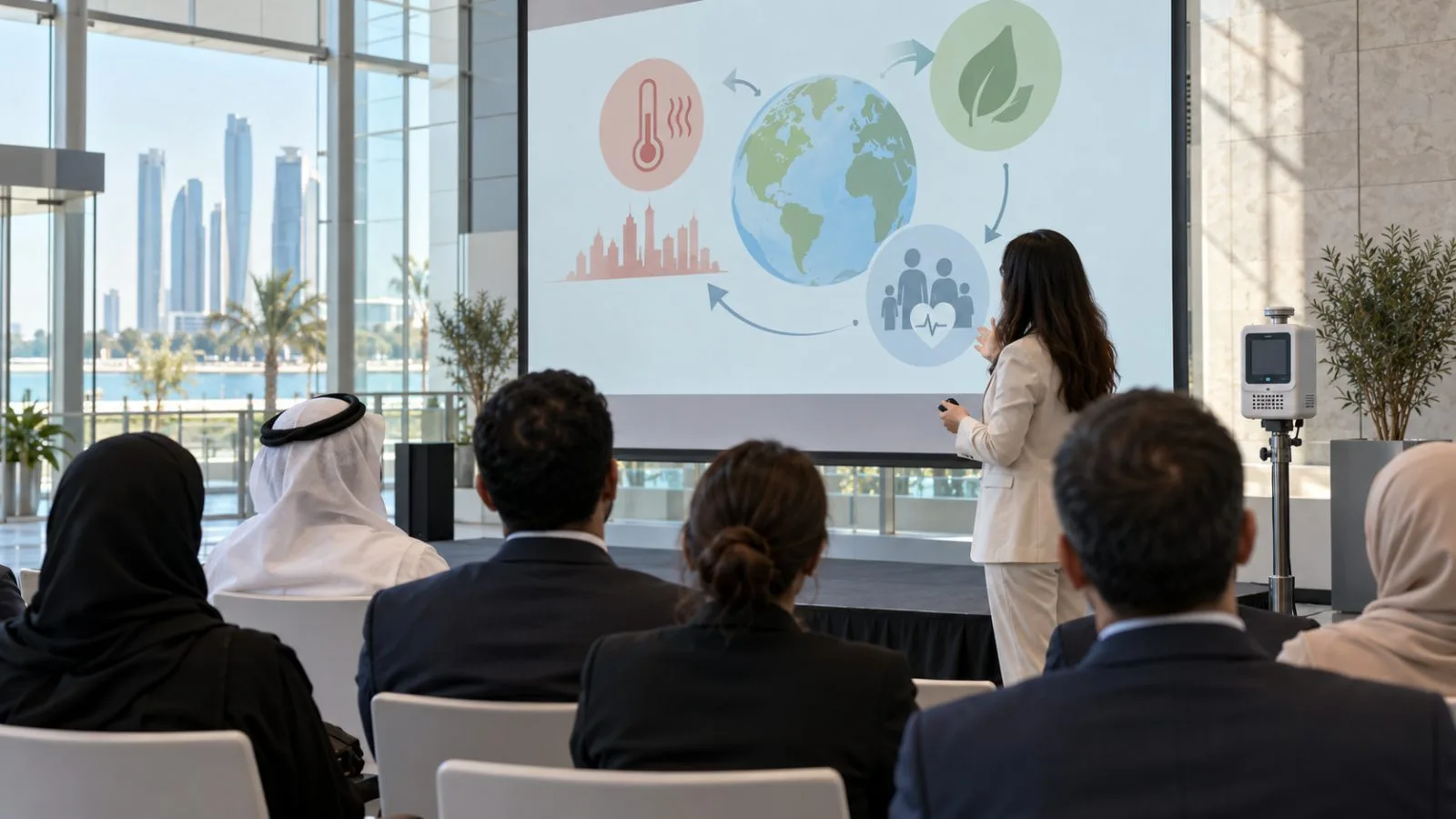 Delegates gather inside ADNEC Centre Abu Dhabi during the Future Health Summit. (AI-generated image / EconoTimes)