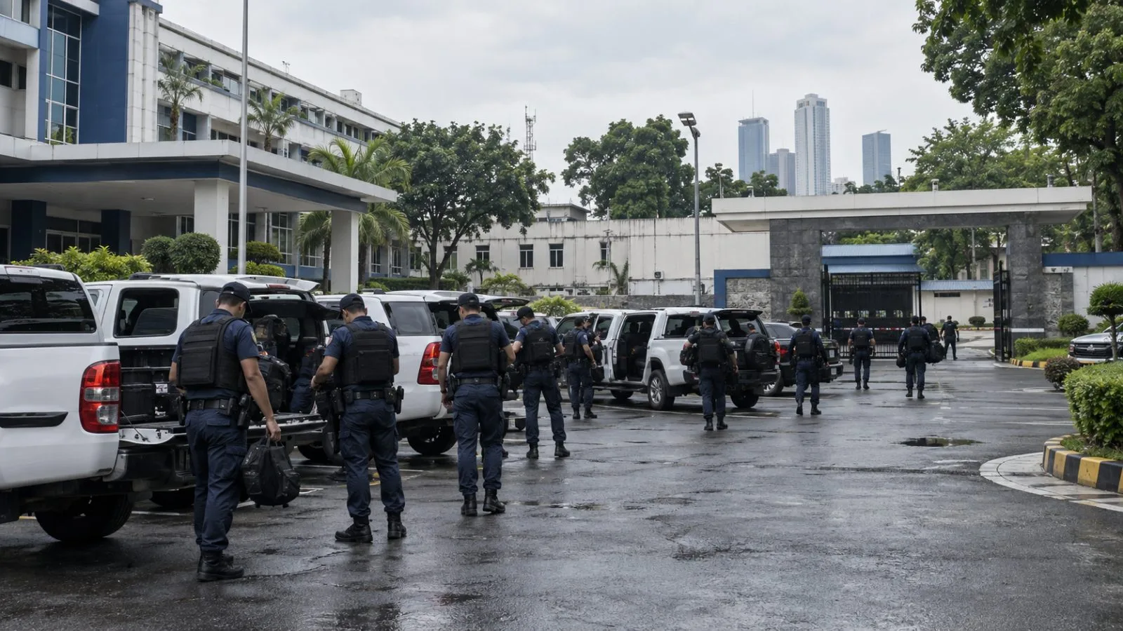 Police officers gather beside patrol vehicles at Camp Crame in Quezon City, Philippines. (AI-generated image / EconoTimes)