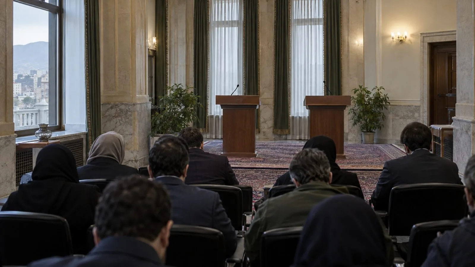 Reporters face lecterns at a news conference in Tehran, Iran. (AI-generated image / EconoTimes)