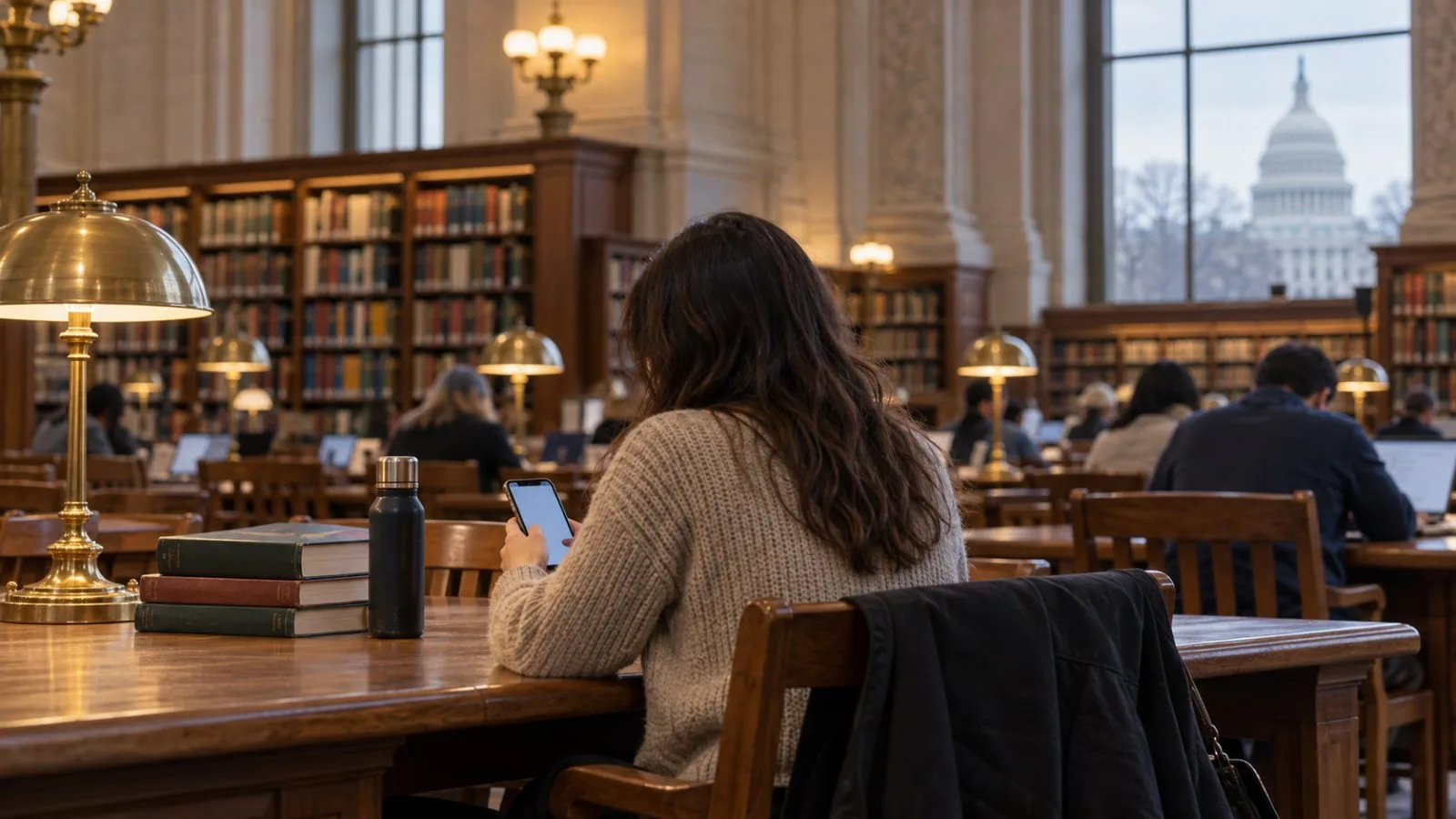 A visitor uses a smartphone at a public library in Washington, D.C. (AI-generated image / EconoTimes)