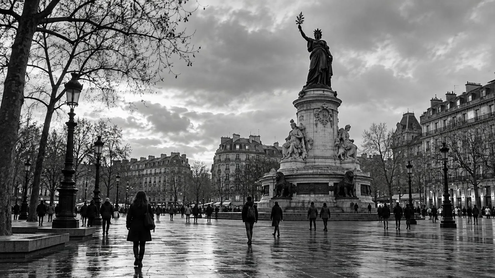 Pedestrians cross Place de la République in Paris under an overcast sky. (AI-generated image / EconoTimes)