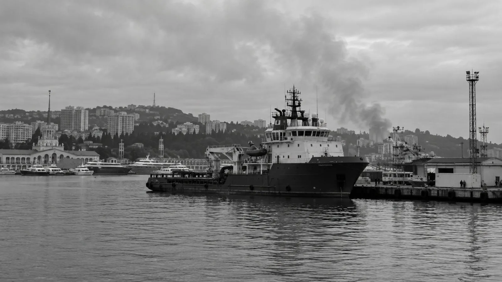 A support vessel sits at berth in Sochi Port on Russia’s Black Sea coast. (AI-generated image / EconoTimes)