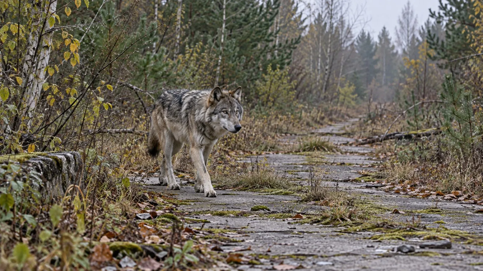 A gray wolf moves through woodland in Ukraine's Chornobyl Exclusion Zone. (AI-generated image / EconoTimes)