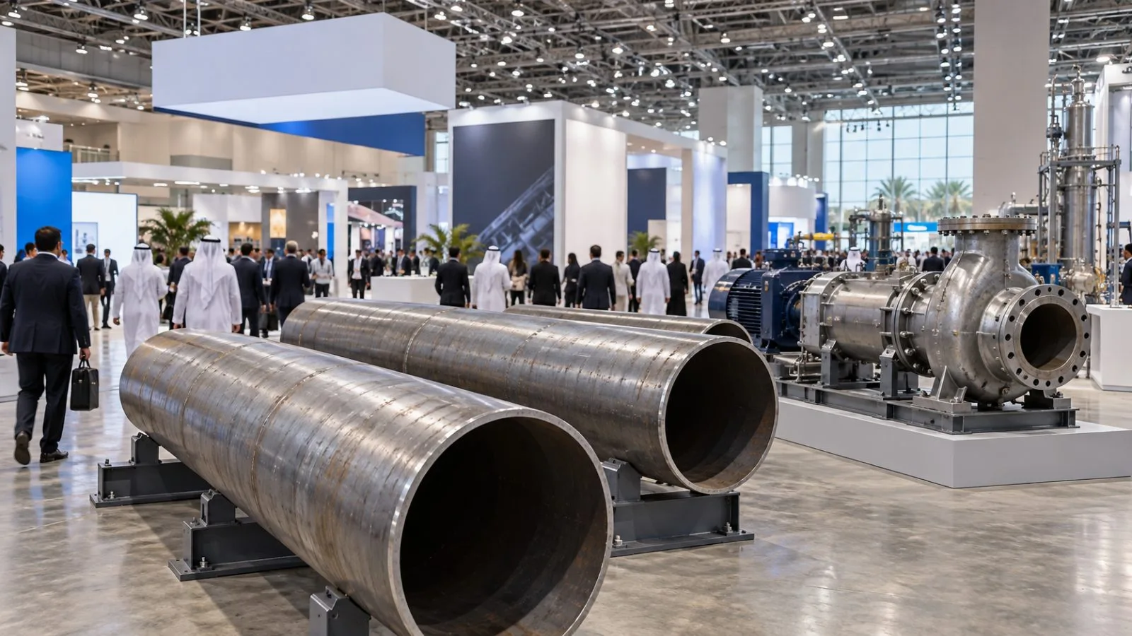 Steel pipes and industrial pump equipment stand at a manufacturing forum in Abu Dhabi, UAE. / EconoTimes.ai