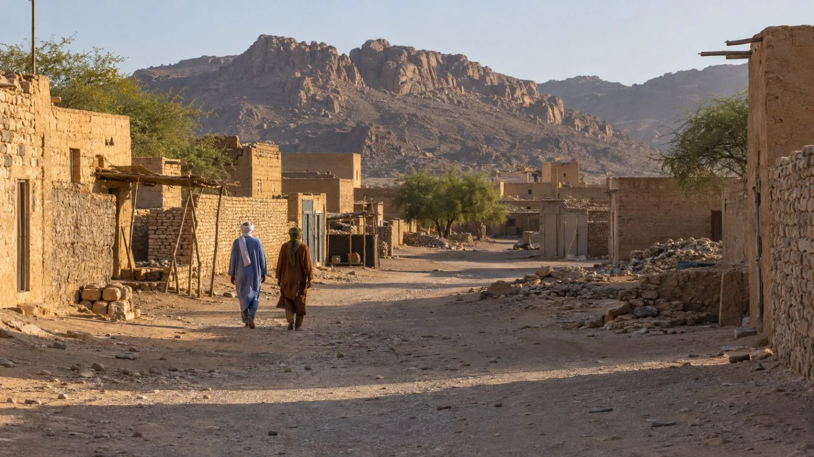 A dusty street passes low earthen buildings in Kidal, northern Mali, in late-afternoon light. (AI-generated image / EconoTimes)