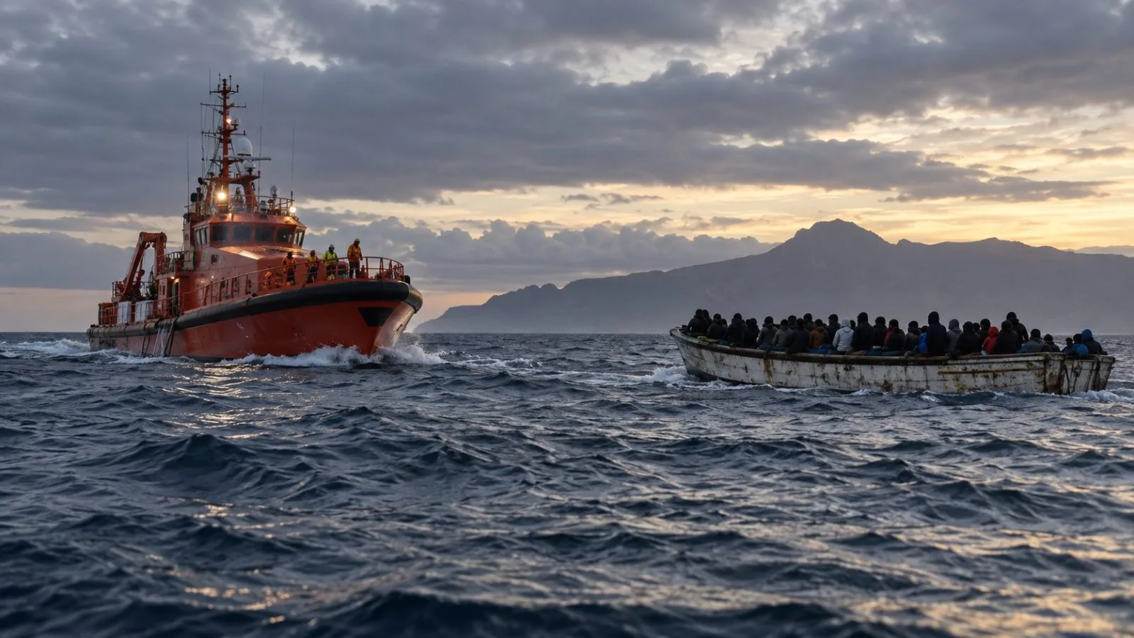 A Spanish rescue vessel approaches a crowded migrant boat south of El Hierro in the Canary Islands. (AI-generated image / EconoTimes)