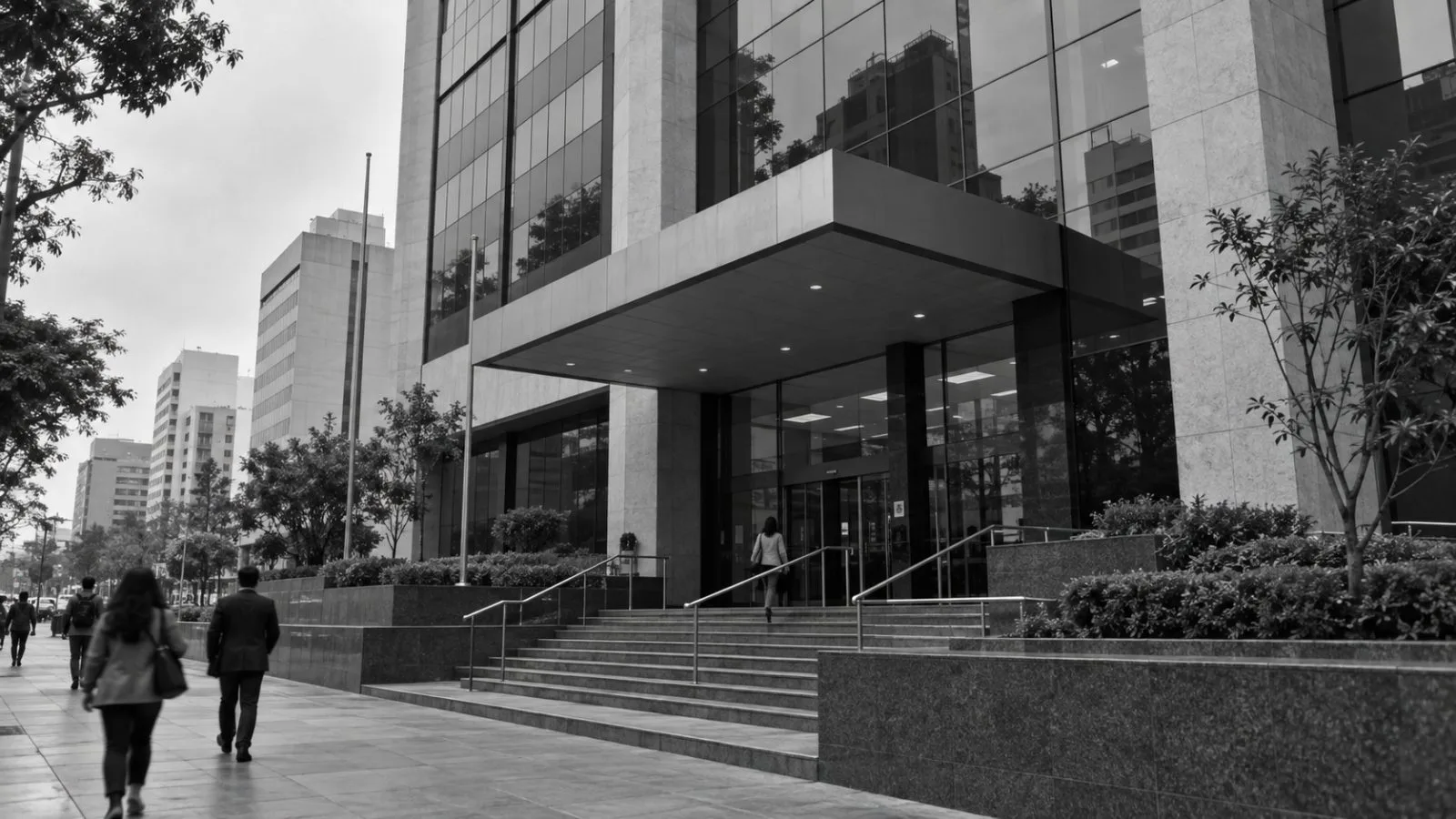 Pedestrians pass the financial regulator's offices in Lima, Peru, under overcast skies. (AI-generated image / EconoTimes)